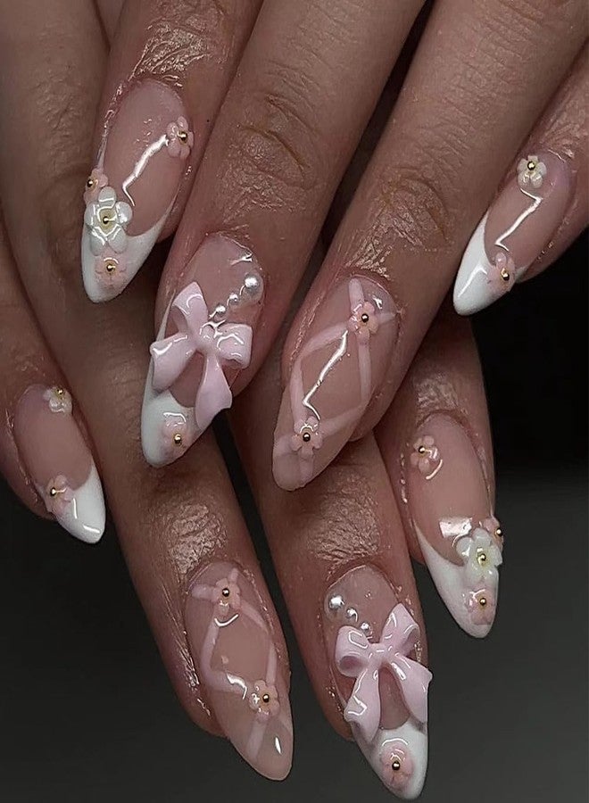 ASONRL ASNORL 24 Pcs Acrylic Press on Nails Almond - Short Medium Pink Bow French Tip False Nails Art with Flower Rhinestones, Glue On Nail Designs Reusable False Nails for Women - Almond Pink Bow - Image 1